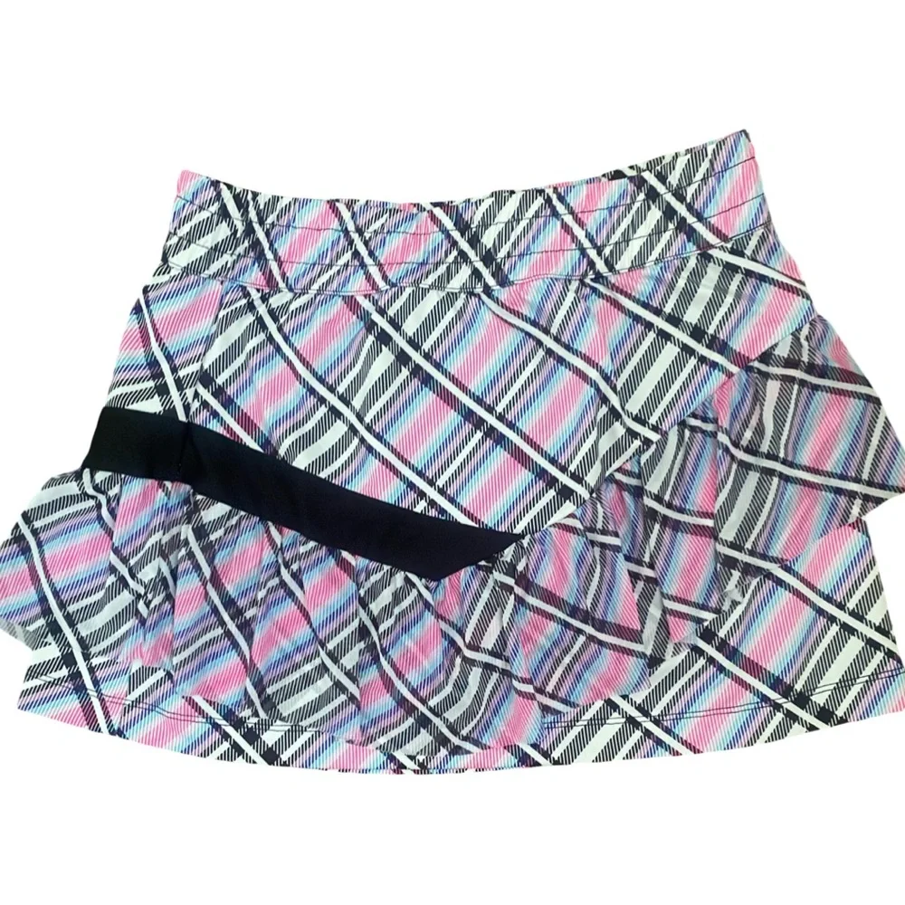 Lucky in Love Pink and Black Plaid Skort - S pink black plaid nylon spandex